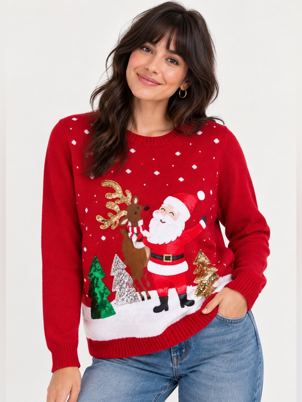 Karen Scott Red Santa Reindeer Sequin Christmas Sweater L